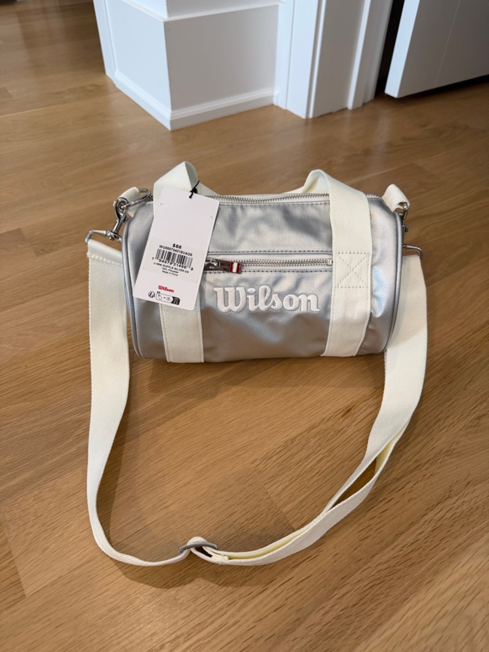 Wilson Silver Barrel Shoulder Bag with Cream Strap
